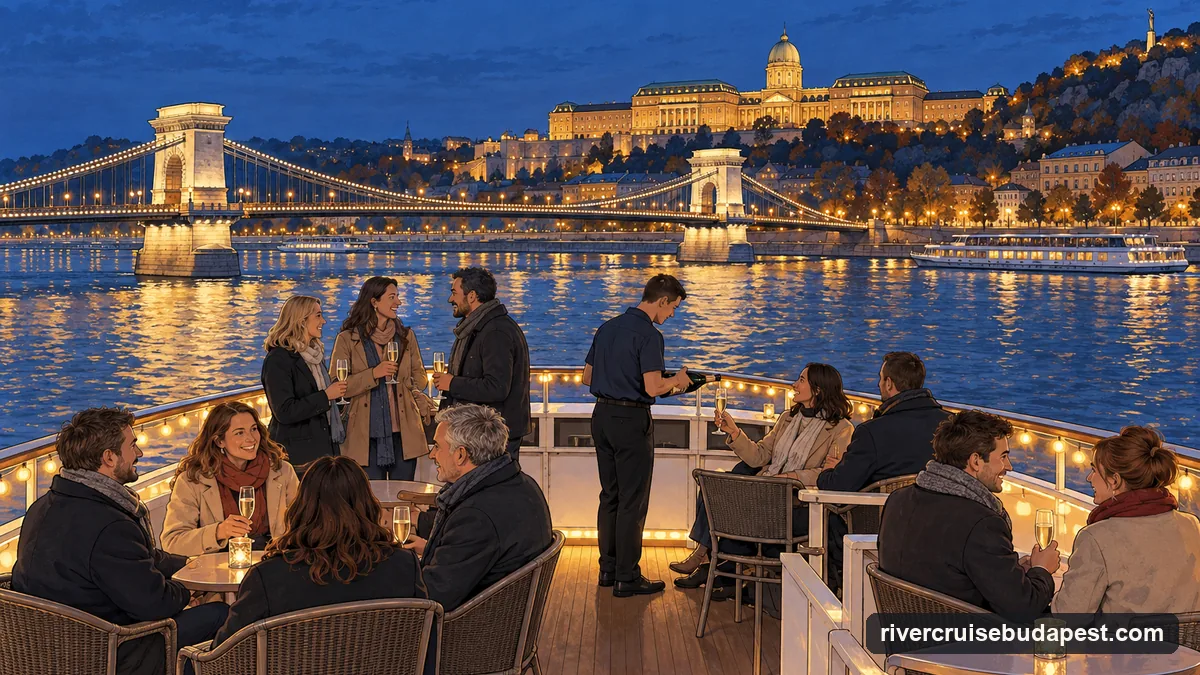 Illustration: adults with glasses of prosecco on the open upper deck of a river cruise boat on the Danube at dusk, the Chain Bridge and the Buda Castle hill lit behind them